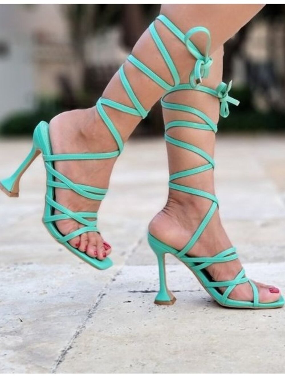 Green Lace-Up High Heel Sandals Strappy Gladiator Open Toe